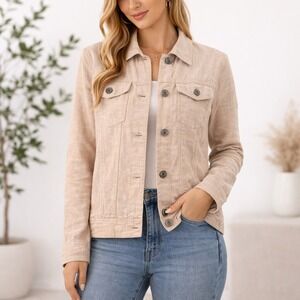 Jones New York Jacket Womens S Tan 100% Linen Classic Trucker JNY Quiet Luxury